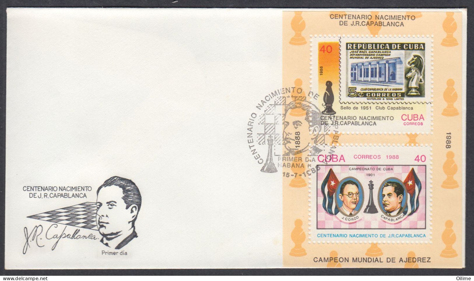 FDC CUBA 1988. CENTENARIO NACIMIENTO CAPABLANCA. AJEDREZ. CHESS EDIFIL 3370/75  J. CORZO, ENMANUEL LASKER - FDC