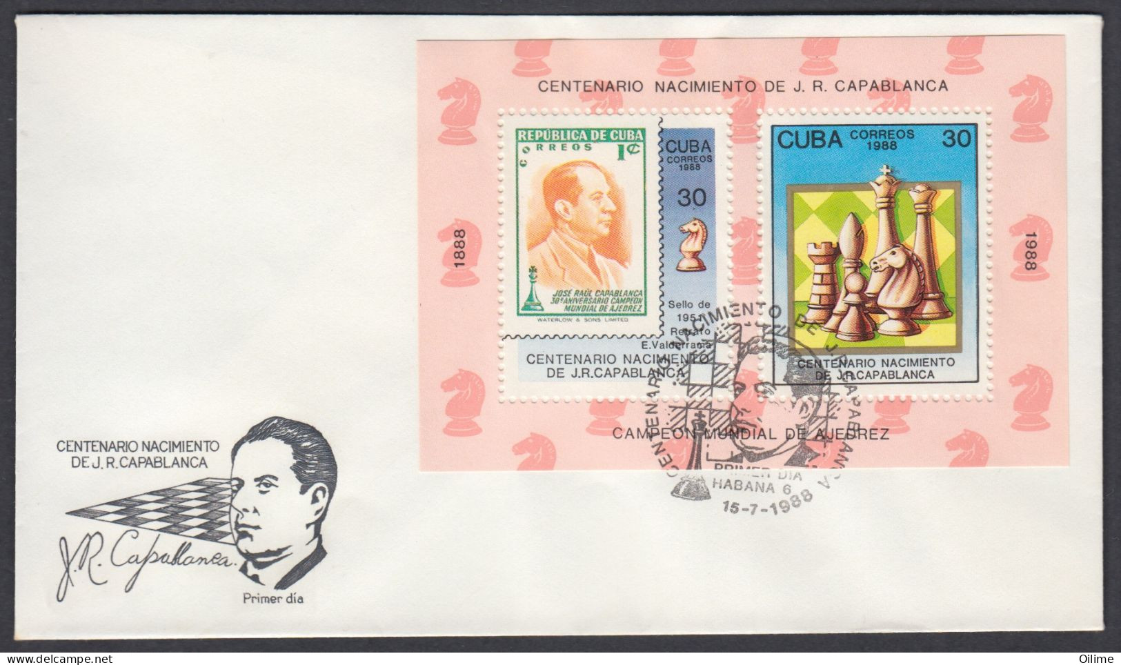 FDC CUBA 1988. CENTENARIO NACIMIENTO CAPABLANCA. AJEDREZ. CHESS EDIFIL 3370/75  J. CORZO, ENMANUEL LASKER - FDC