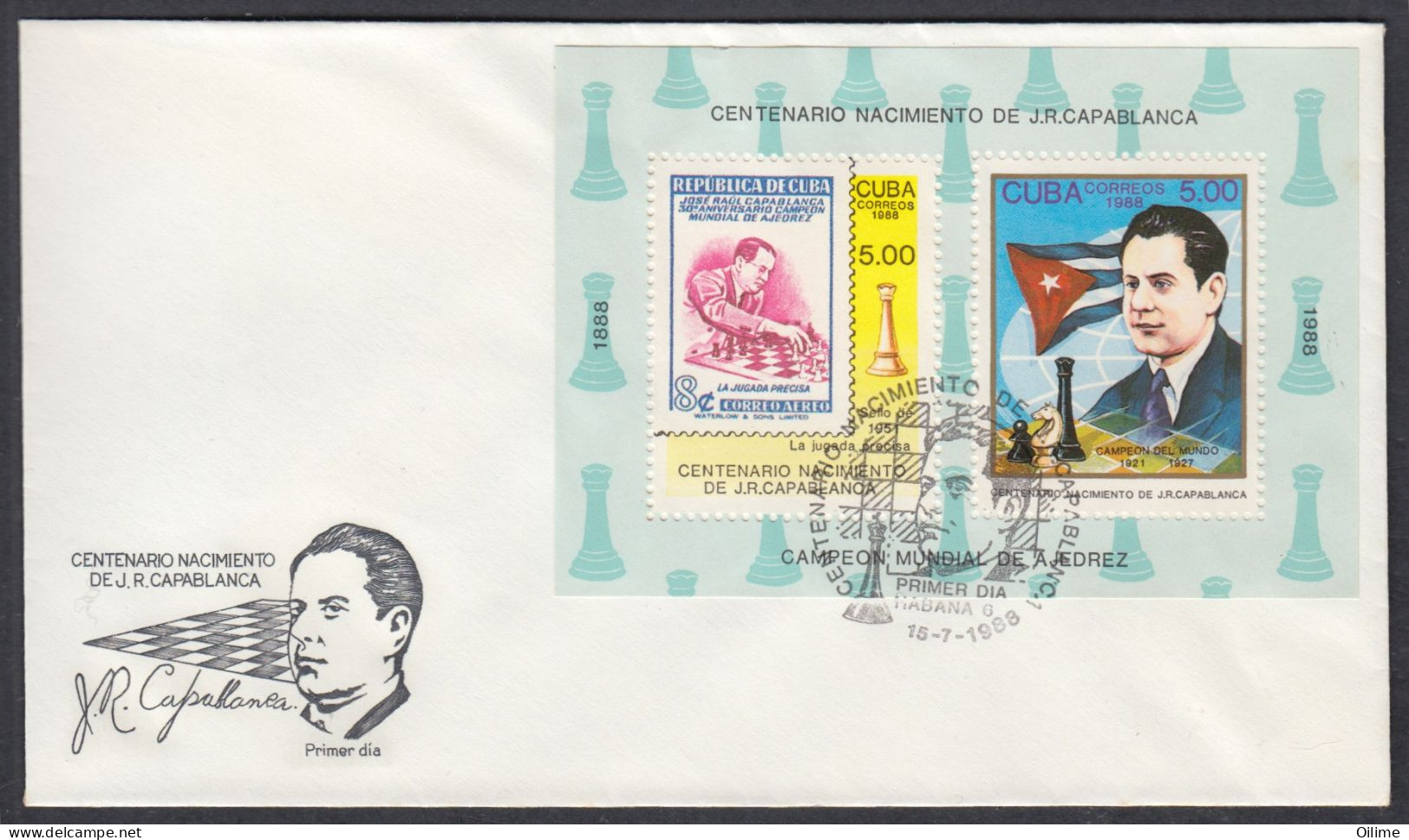 FDC CUBA 1988. CENTENARIO NACIMIENTO CAPABLANCA. AJEDREZ. CHESS EDIFIL 3370/75  J. CORZO, ENMANUEL LASKER - FDC