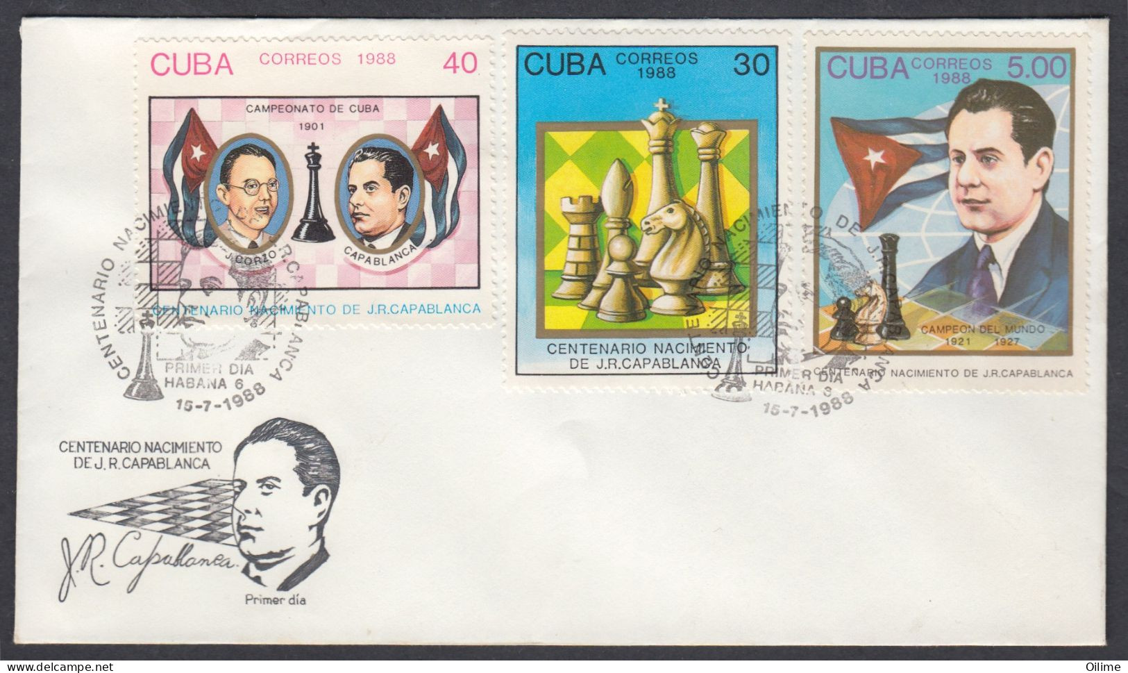 CUBA 1988. CENTENARIO NACIMIENTO CAPABLANCA. AJEDREZ. CHESS EDIFIL 3364/69  J. CORZO, ENMANUEL LASKER - FDC