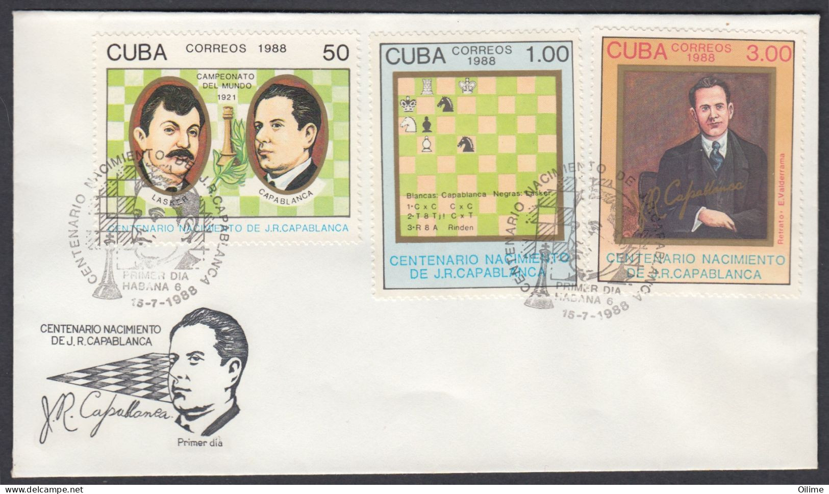 CUBA 1988. CENTENARIO NACIMIENTO CAPABLANCA. AJEDREZ. CHESS EDIFIL 3364/69  J. CORZO, ENMANUEL LASKER - FDC