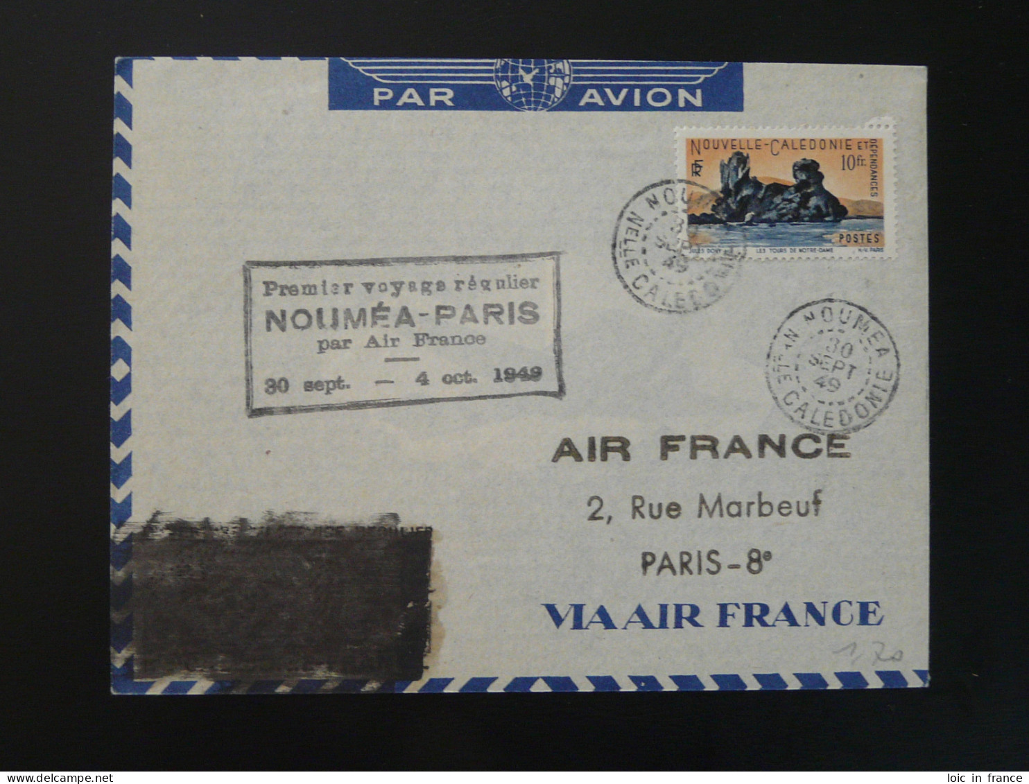 Lettre Premier Vol First Flight Cover Nouvelle Calédonie Noumea Paris Air France 1949 - Lettres & Documents