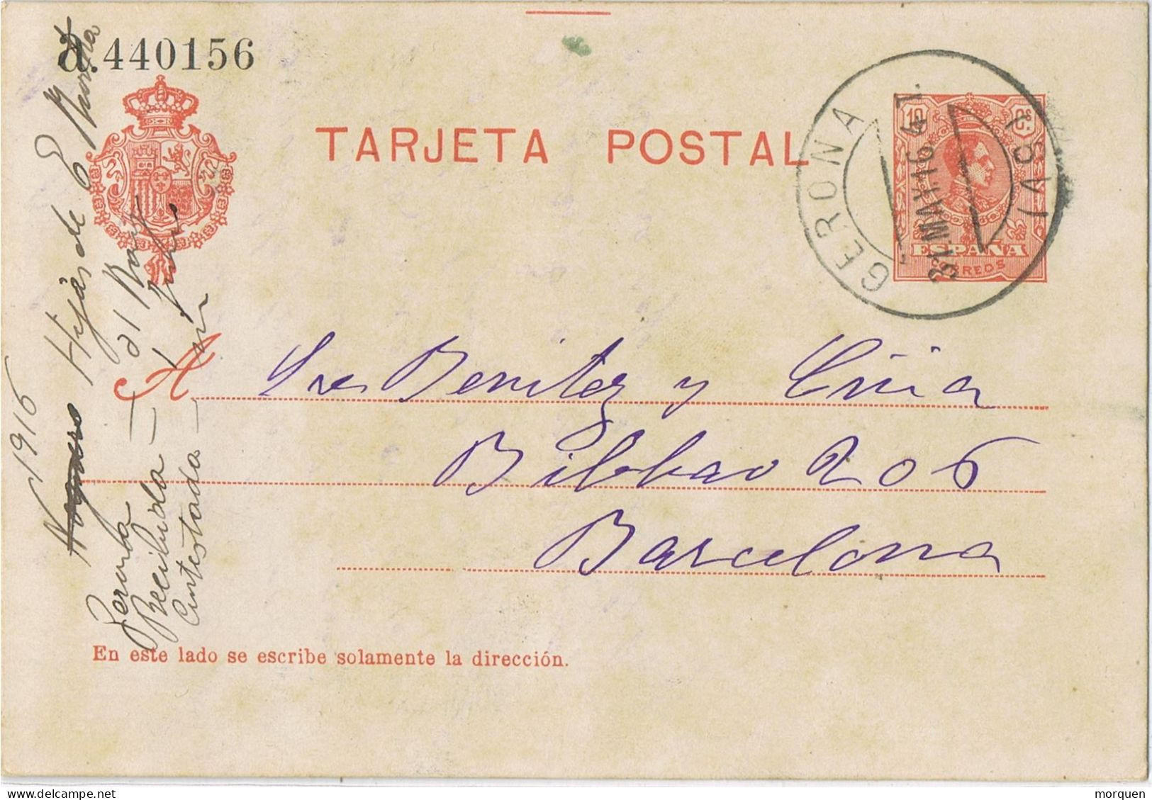 53264. Entero Postal GERONA 1916. Alfonso XIII Medallon, Variedad Cartulina, Num 49n º - 1850-1931