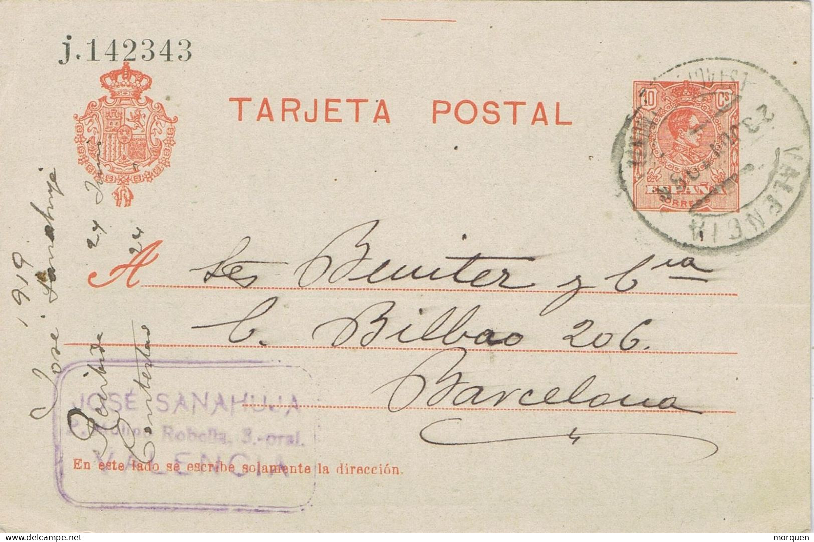 53265. Entero Postal VALENCIA 1919. Alfonso XIII Medallon, Variedad Cartulina, Num 49n º - 1850-1931