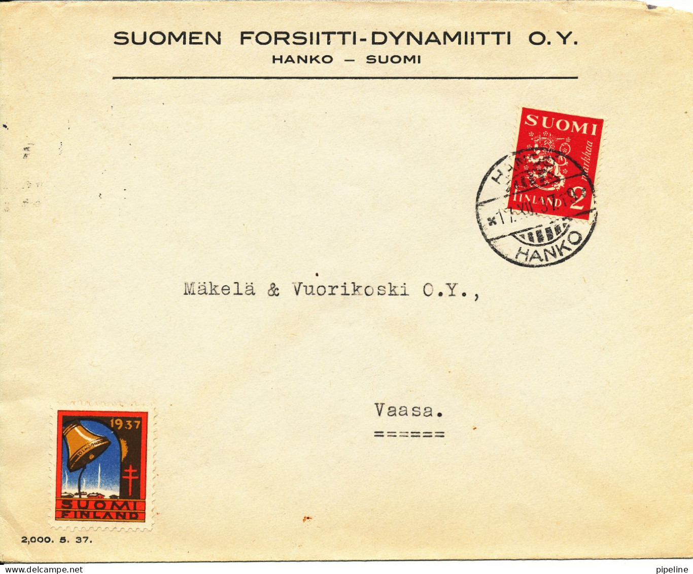 Finland Cover Sent To Wasa Hangö 17-12-1937 Single Franked Lion Type + Christmas Seal - Covers & Documents