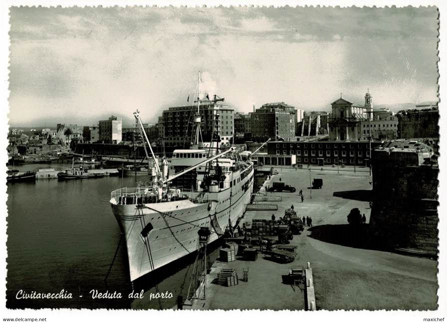 Civitavecchia - Veduta Dal Porto, Paquebot Lazio (animation, Chargement Des Vivres, Camions De Livraison) Pas Circ, 1955 - Civitavecchia