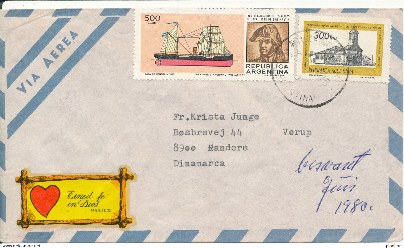 Argentina Air Mail Cover Sent To Denmark 1980 - Airmail