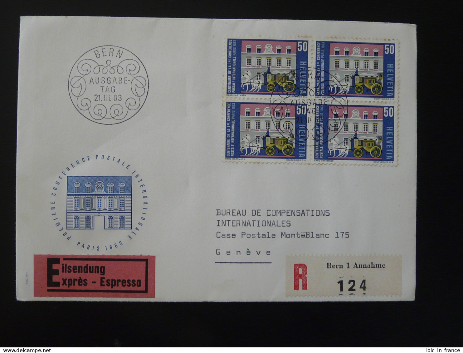 FDC Recommandée Registered Conference Postale Internationale Suisse 1963 - Diligences