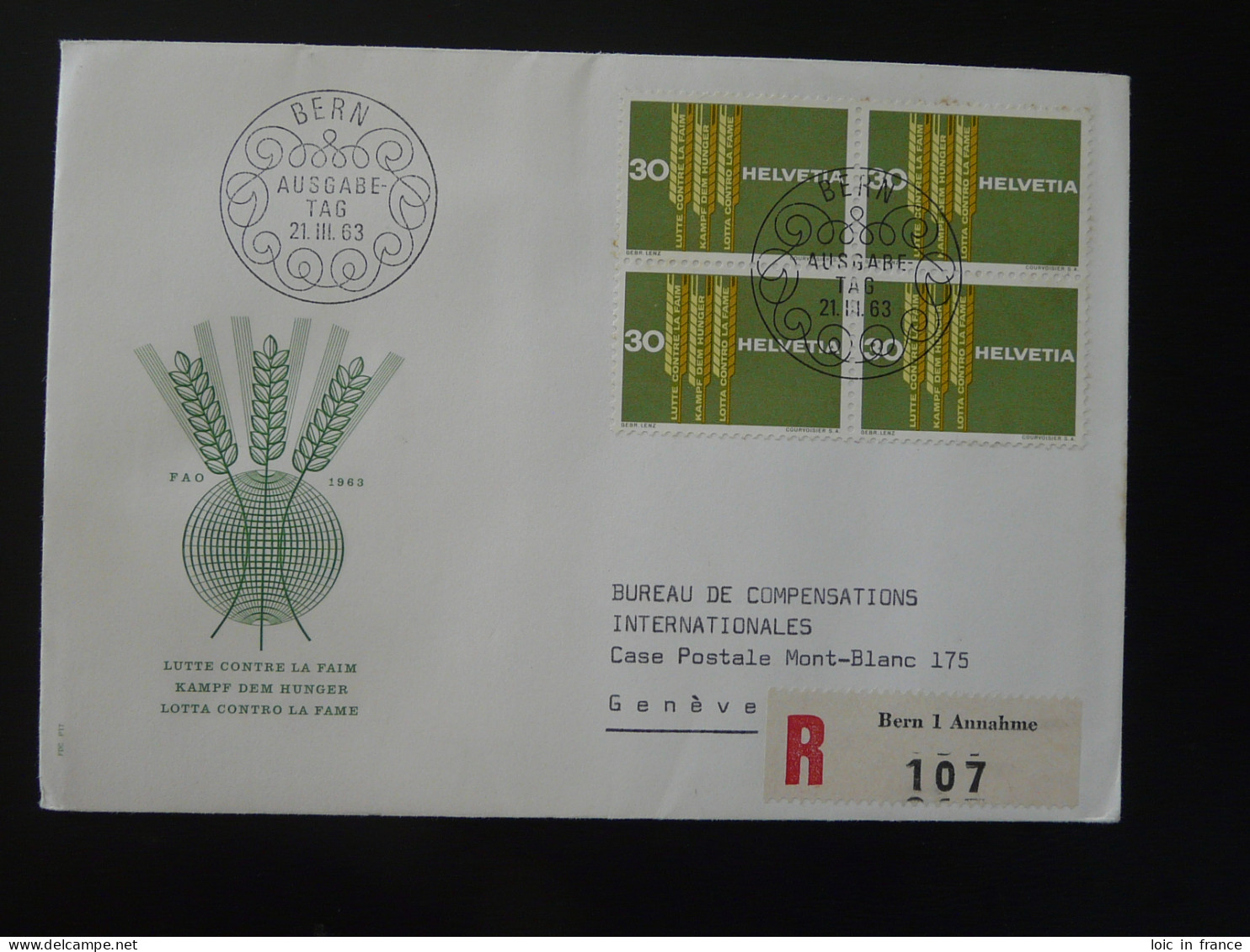FDC Recommandée Registered Contre La Faim FAO Suisse 1963 - Against Starve