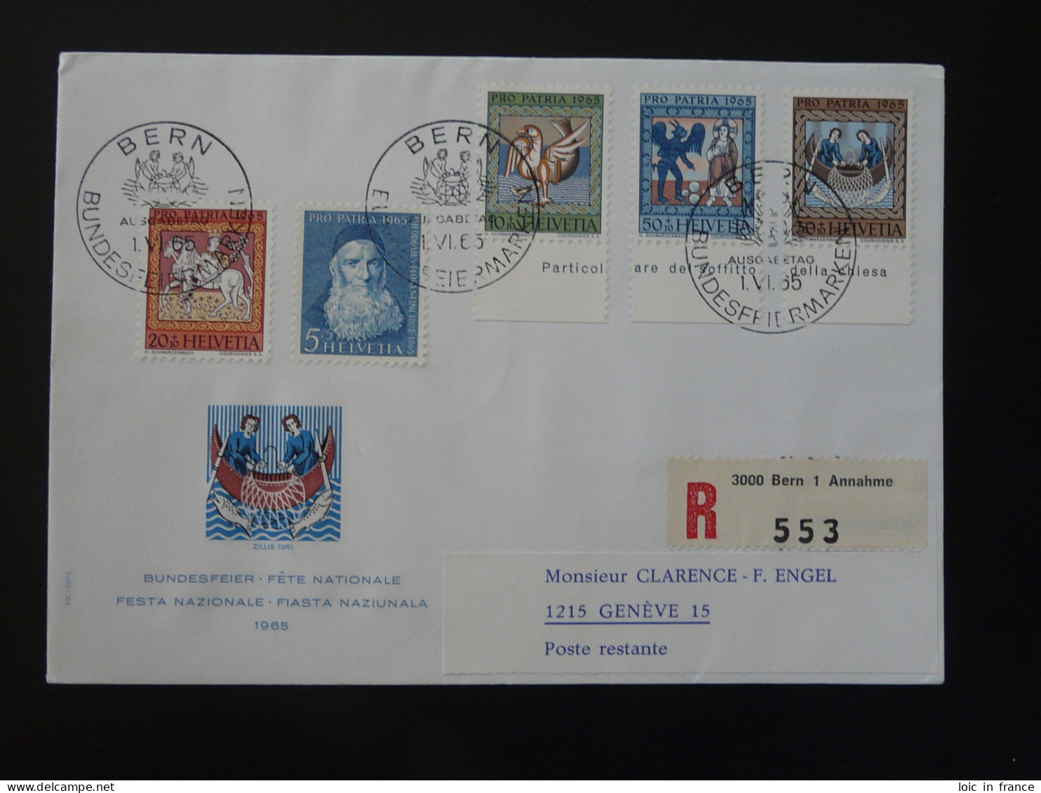 FDC Recommandée Registered Pêche Fishing Pro Patria Suisse 1965 (ex 3) - Storia Postale