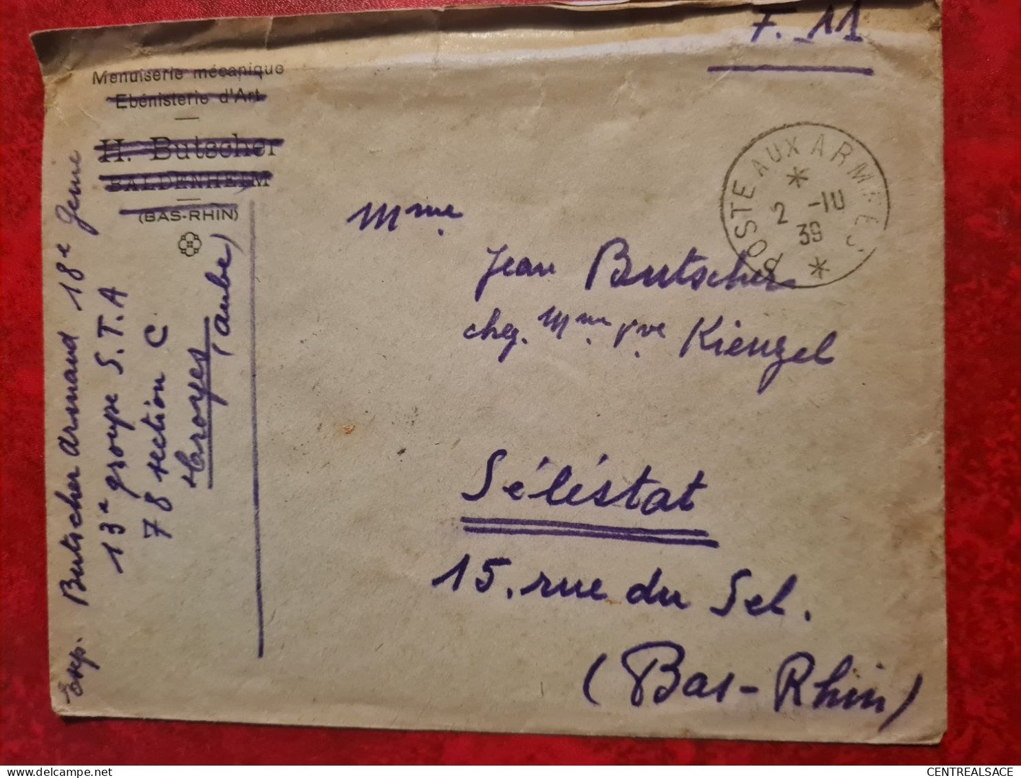 LETTRE  1939 POSTE AUX ARMEES  FM ENTETE BUTSCHER MENUISERIE BALDENHEIM POUR SELESTAT - Other & Unclassified