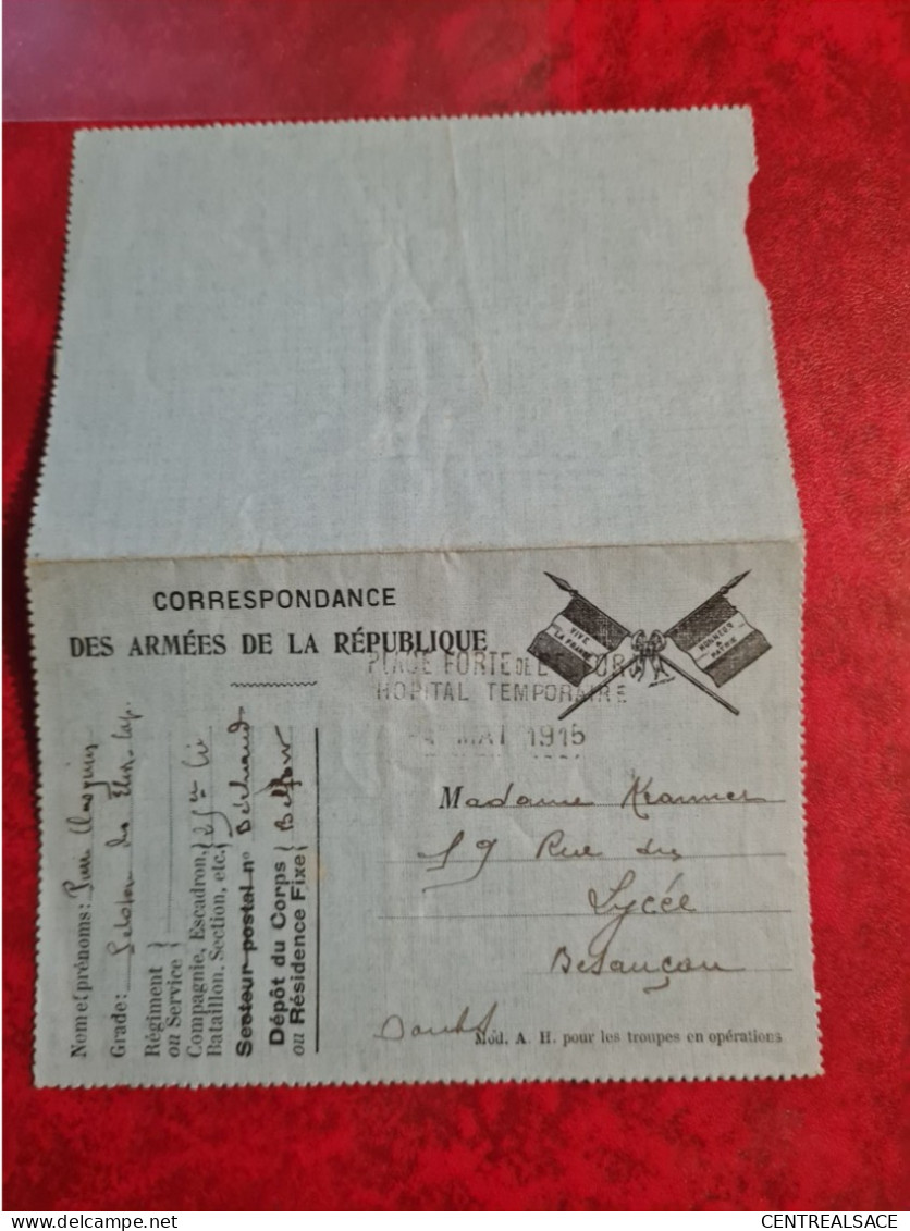 CARTE CORRESPONDANCE DES ARMEES FLAMME BELFORT HOPITAL TEMPORAIRE POUR BESANCON 1915 - Sonstige & Ohne Zuordnung