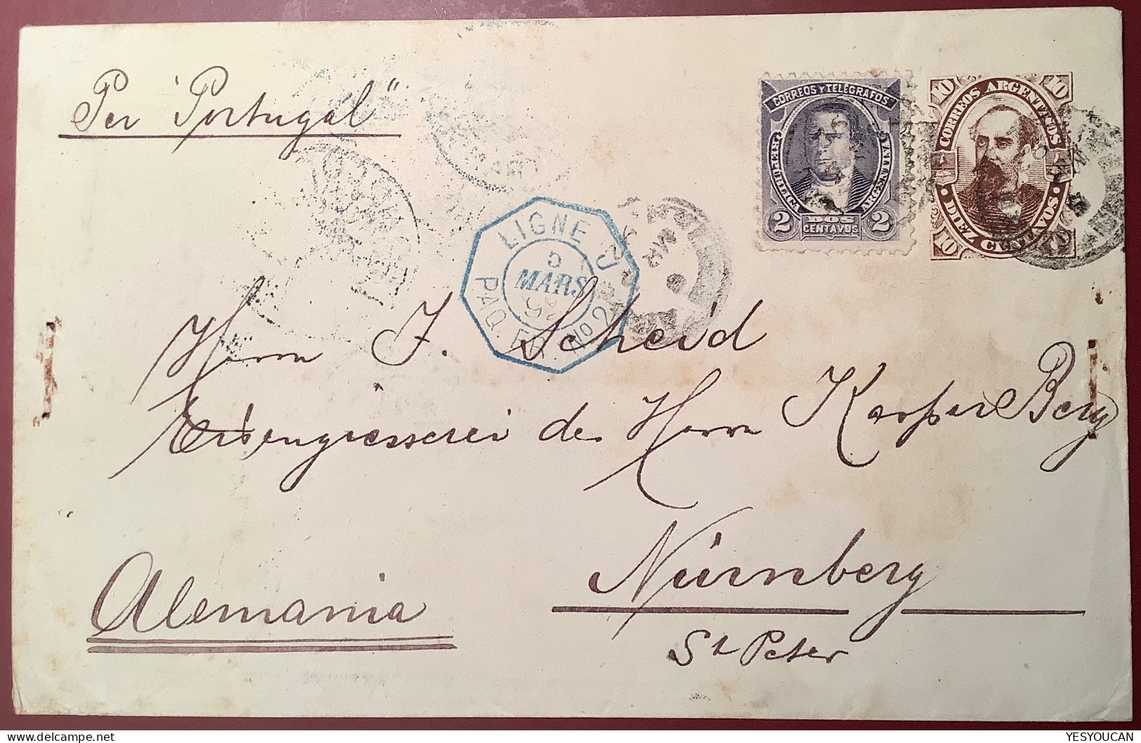 Argentina 1892 Postal Stationery Enveloppe 10c Brown + 2c Violet>Nürnberg,Bayern Via LIGNE J PAQ.FR (cover - Covers & Documents