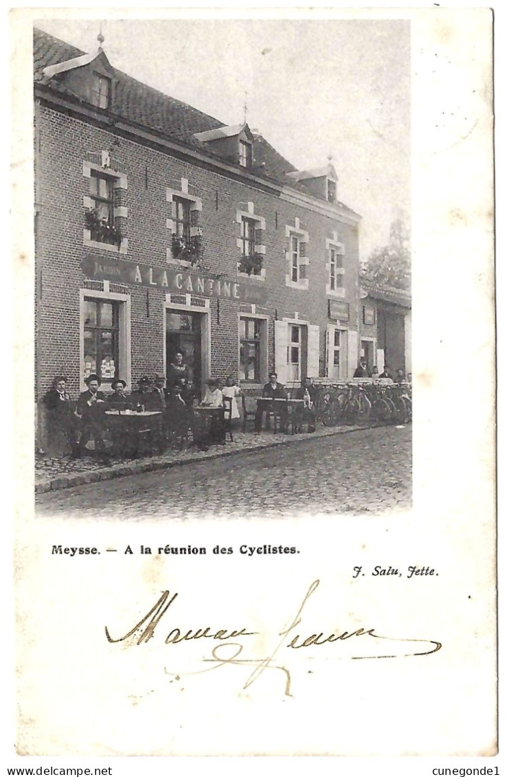 CPA P.K. MEYSSE / MEISE : Café " A La Réunion Des Cyclistes "  " A La Cantine " - Circulée 1903 - F. Salu, Jette - 2 Sca - Meise