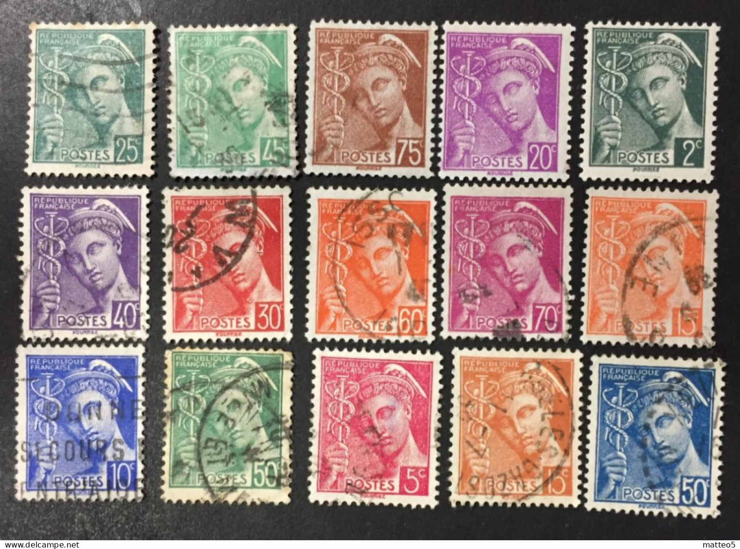 1930 /40 France - Mercury - 15 Stamps Used - 1938-42 Mercurio