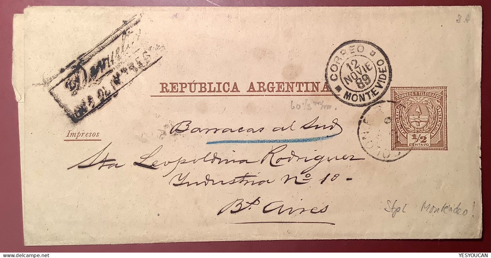 1889 ARGENTINA Postal Stationery Wrapper USED IN URUGUAY Cds MONTEVIDEO>Buenos Aires „BARRACAS AL SUD“ (cover Impressos - Interi Postali