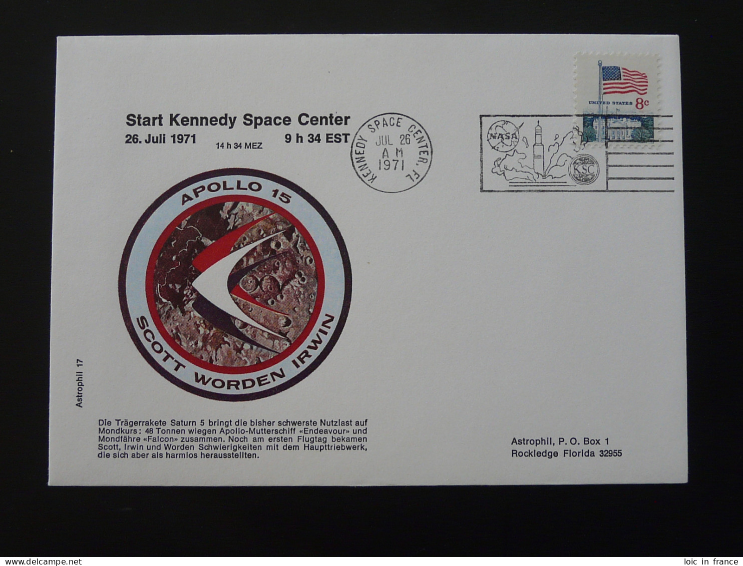 Lettre Cover Espace Space Apollo 15 Flamme Kennedy Space Center USA 1971 - Nordamerika