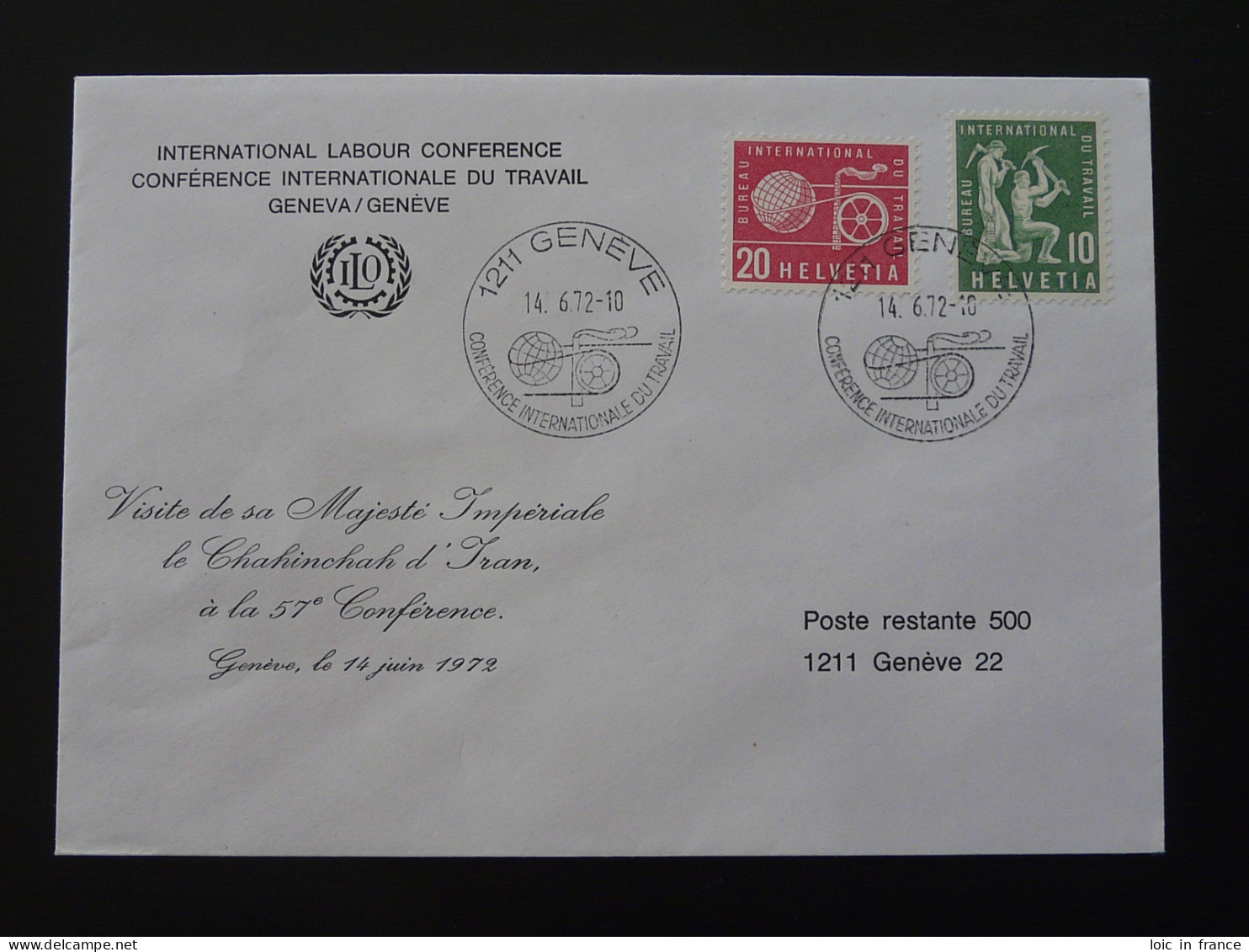 Lettre Cover Timbres De Service Visite Du Shah D'Iran à L'OIT Conférence Du Travail Suisse 1972 (ex 2) - OIT