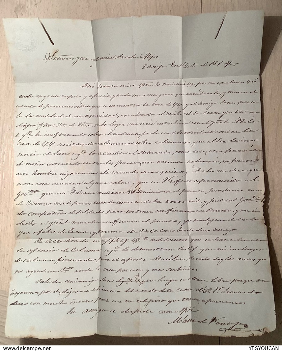 FRANCA TARIJA 1864 Entire Letter To Cobija, Very Fine & Fresh Stampless Cover (Bolivia Prephilately - Bolivien