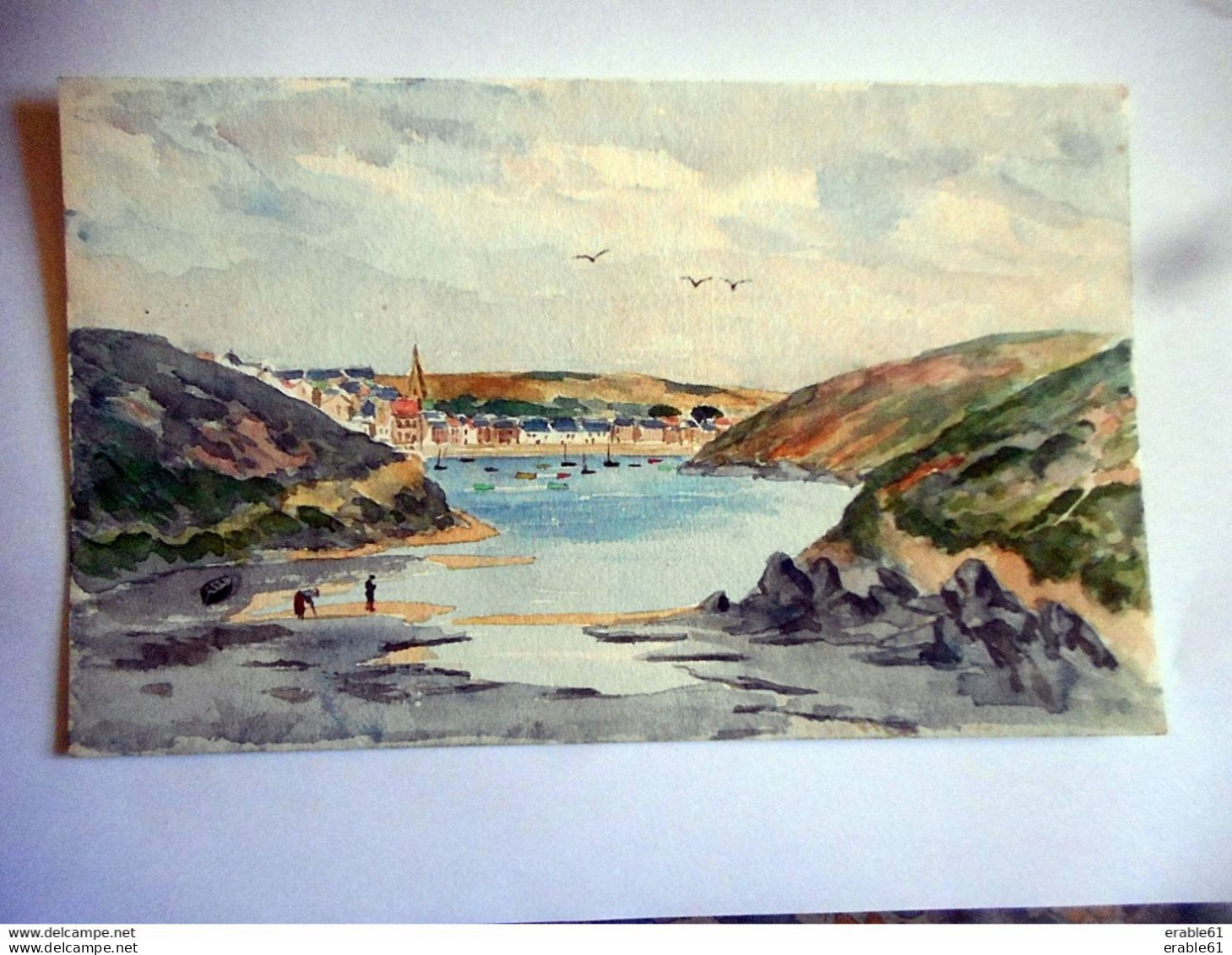 AQUARELLE ANCIENNE FIN 19 Eme Début 20 Eme SAUZON BELLE ILE   BRETAGNE Format 14 Par 23 Cms Environ - Acuarelas