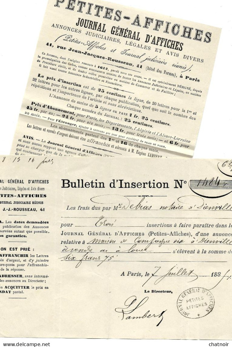 PARIS  Depart 1885 Sur 15c Sage  "petites Affiches" /tarif/ Bulletin D Insertion - Cachets Manuels