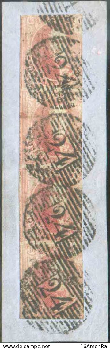 N°5(4) - Médaillons 40 Centimes Carmin-rose En Bande De Quatre Verticale, Sur Petit Fragment, Margée Sur 3 Côtés Avec Gr - 1849-1850 Medaglioni (3/5)
