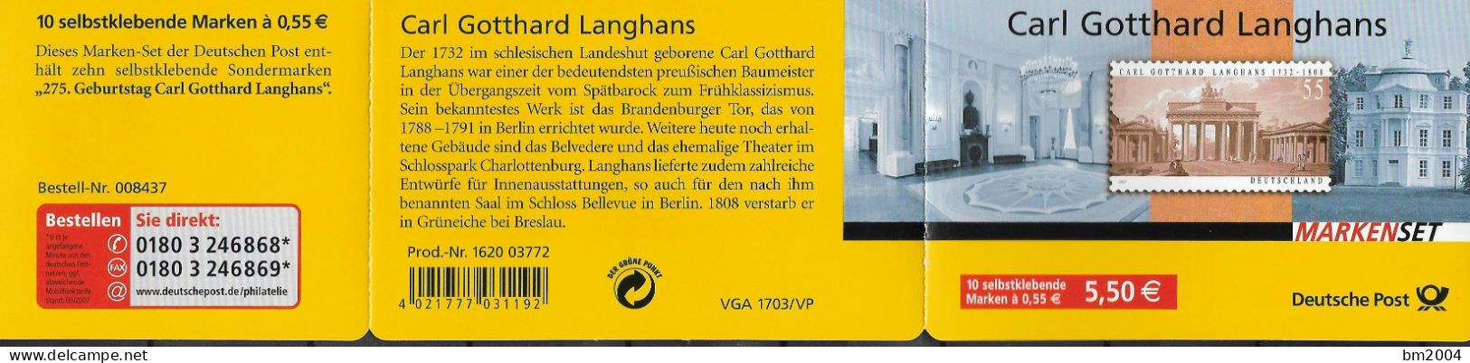 2007 Deutschland Germany  Mi. MH 70  **MNH  Carl Gottans Langhans   Brandenburger Tor, Berlin - Ungebraucht