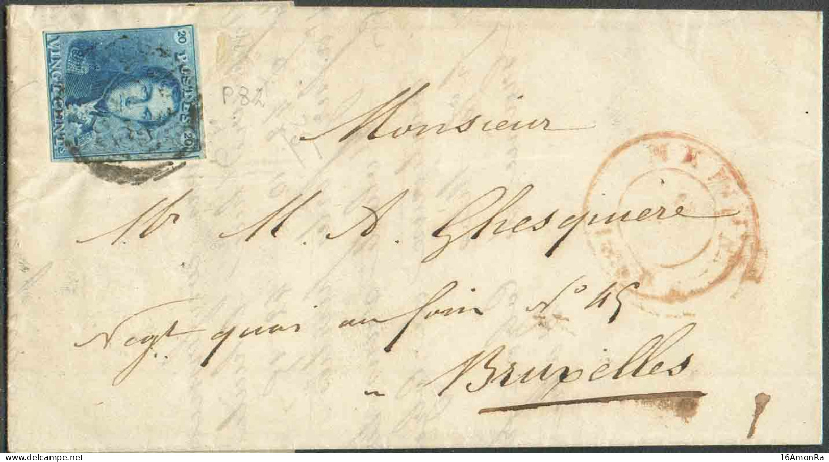 N°2 - Epaulette 20 Centimes Bleue, Au Filet à Gauche Sinon Bien Margée, Obl. P.82 Sur Lettre De MENIN Le 12 Août 1850 Ve - 1849 Mostrine