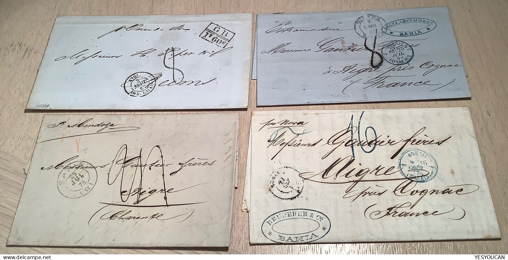 BAHIA Four Different Entire Stampless Letters 1862-1874 To Aigre Cognac & Reims France (Brazil Brasil Prephilately Cover - Covers & Documents