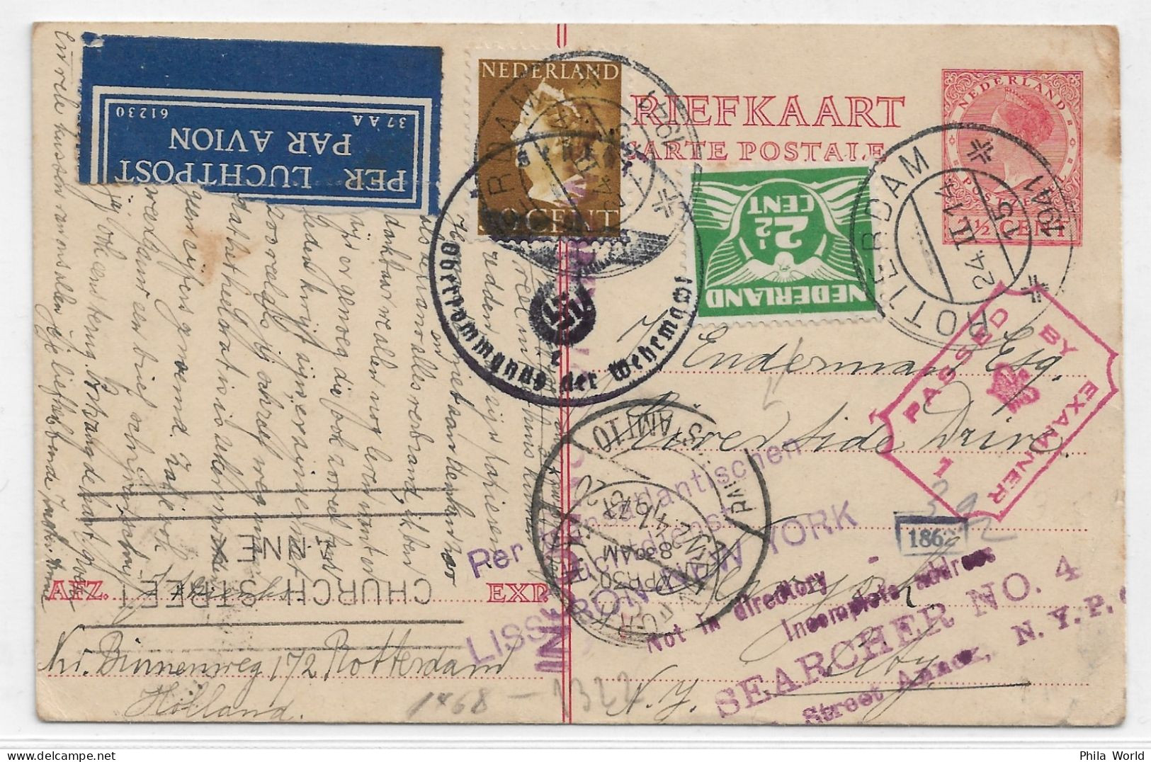 WW2 PANAM 1941 USA To New-York Air Mail Postal Stationery Transit Lisboa Censorship British EXAMINER 1 + Air Link Cachet - Covers & Documents