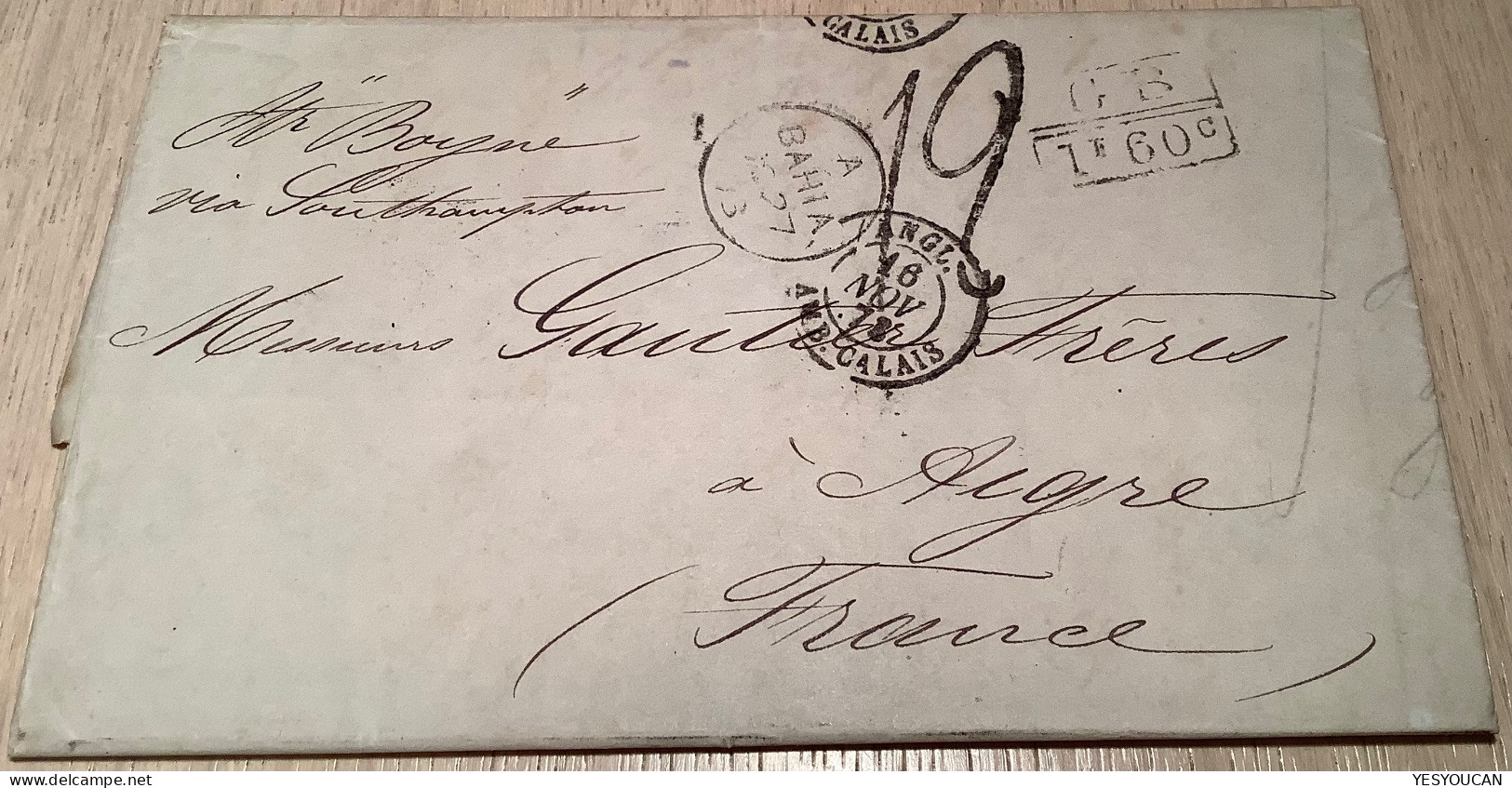 BAHIA British P.O Stampless Letters 1873 To Aigre Near Cognac France (Brazil Brasil Prephilately Cover GB Used Abroad - Covers & Documents