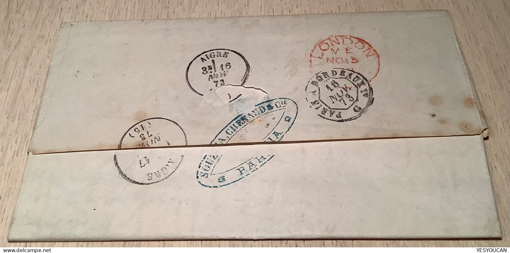 BAHIA British P.O Stampless Letters 1873 To Aigre Near Cognac France (Brazil Brasil Prephilately Cover GB Used Abroad - Covers & Documents