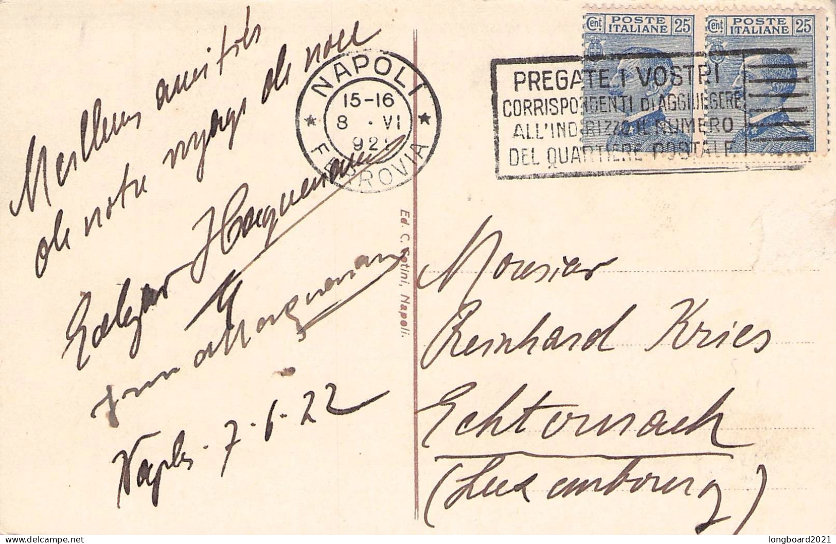 ITALY - PICTURE POSTCARD 1922 NAPOLI - ECHTERNACH/LU / 1470 - Marcofilía