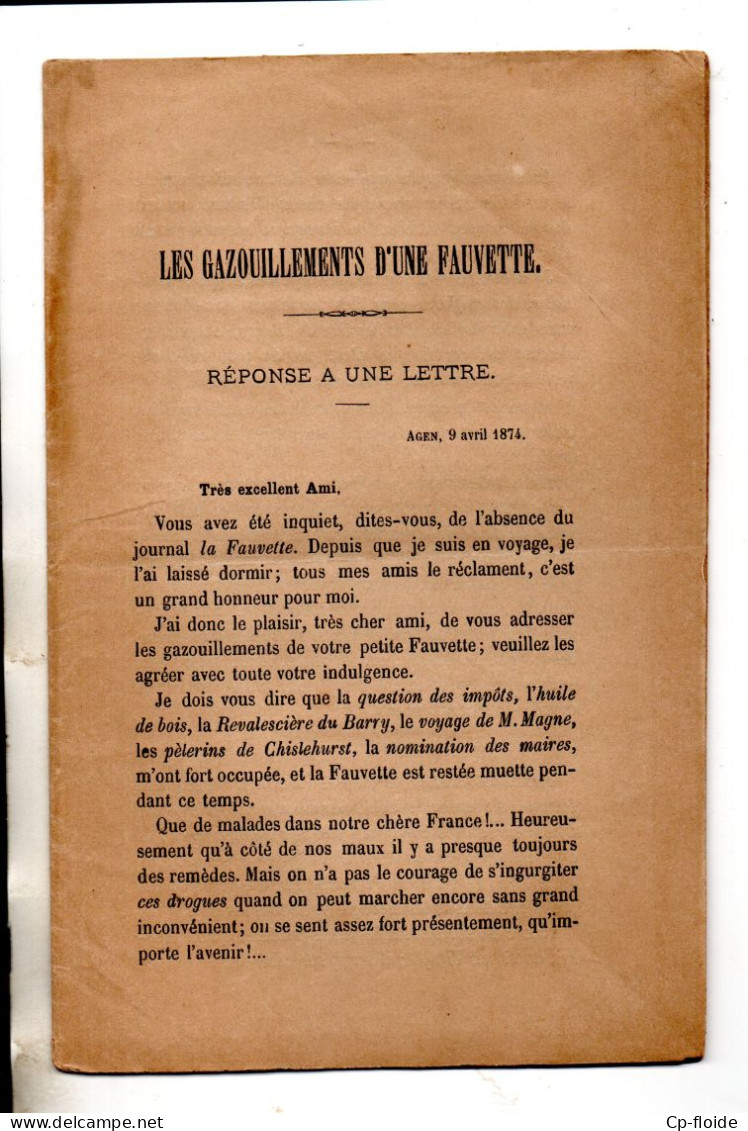 LIVRET . " LES GAZOUILLEMENTS D'UNE FAUVETTE "  PAR Mme ANGÈLE . IMPRIMERIE DE PROSPER NOUBEL . AGEN - Réf. N°1000F - - Aquitaine