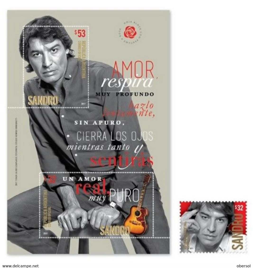 Argentina 2017 Music Pop Idols Sandro Conmemorative Souvenir Sheet And Stamp MNH - Ungebraucht