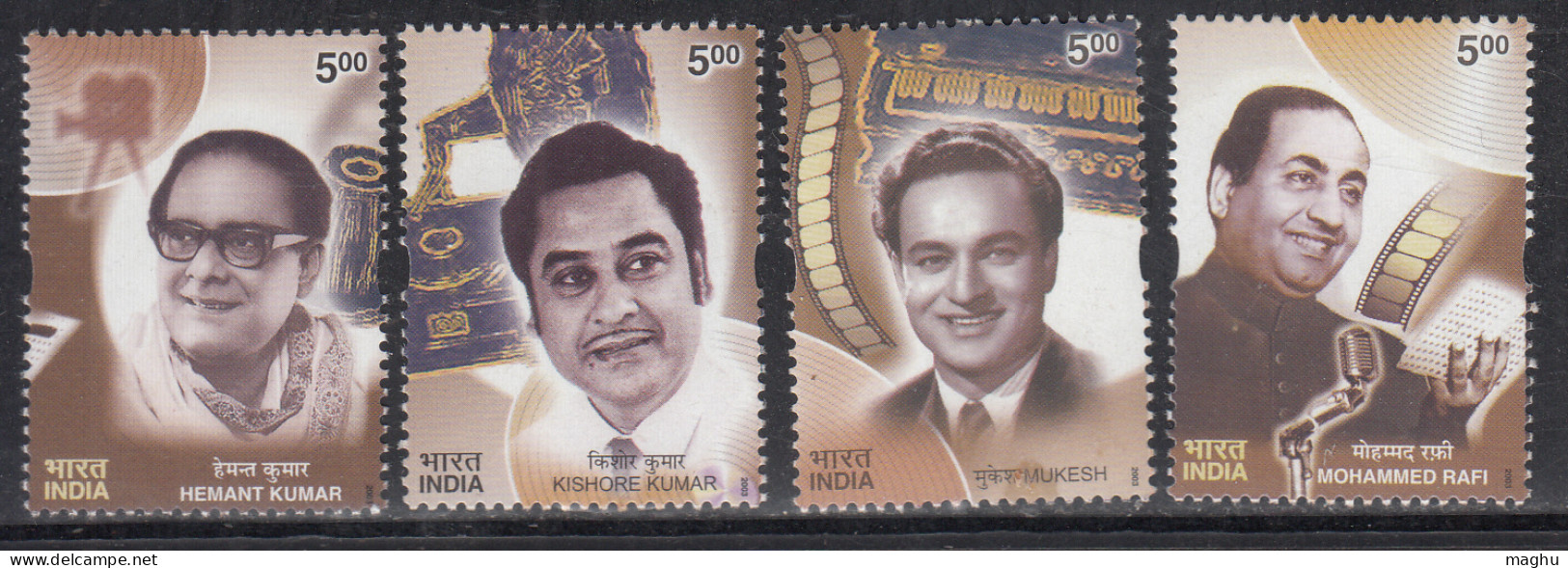 India MNH 2003, Set Of 4, Golden Voices Of Yersteryears, Kishore Kumar, Mukesh, Md Rafi & Hemant Kumar, Singer, Music - Unused Stamps