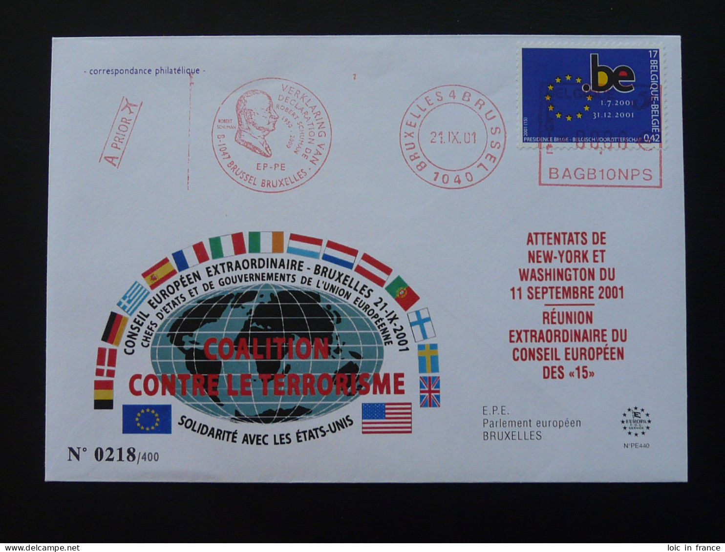 Lettre Cover Attentats Du 11 Septembre Conseil Européen Extraordinaire Belgique 2001 - Covers & Documents