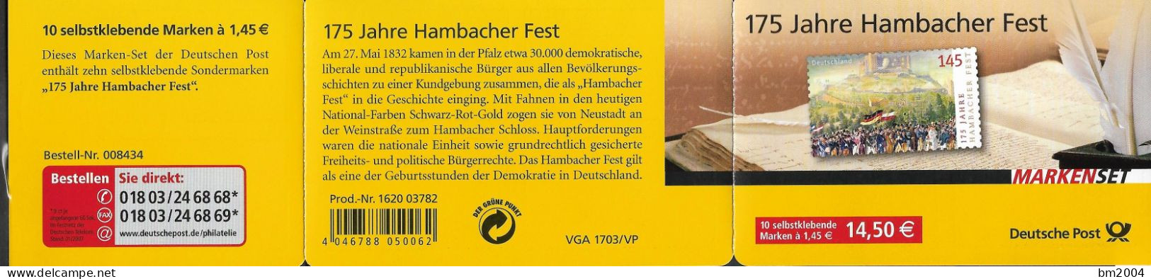 2007 Deutschland Germany  Mi. MH 68 **MNH   175 Jahre Hambacher Fest - Ungebraucht