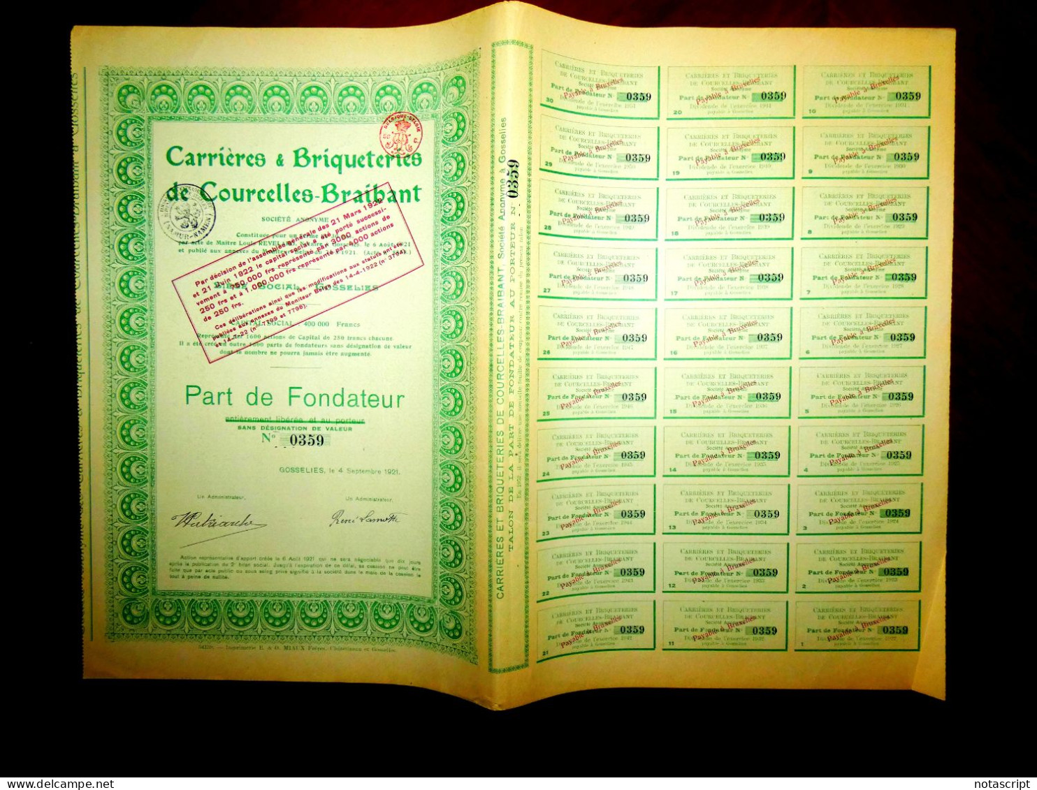 Carrières & Briqueteries De Courcelles-Braibant,Share Certificate ,Gosselies Belgium 1921 - Mines