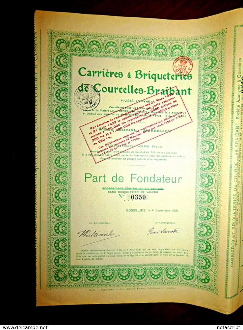 Carrières & Briqueteries De Courcelles-Braibant,Share Certificate ,Gosselies Belgium 1921 - Mines