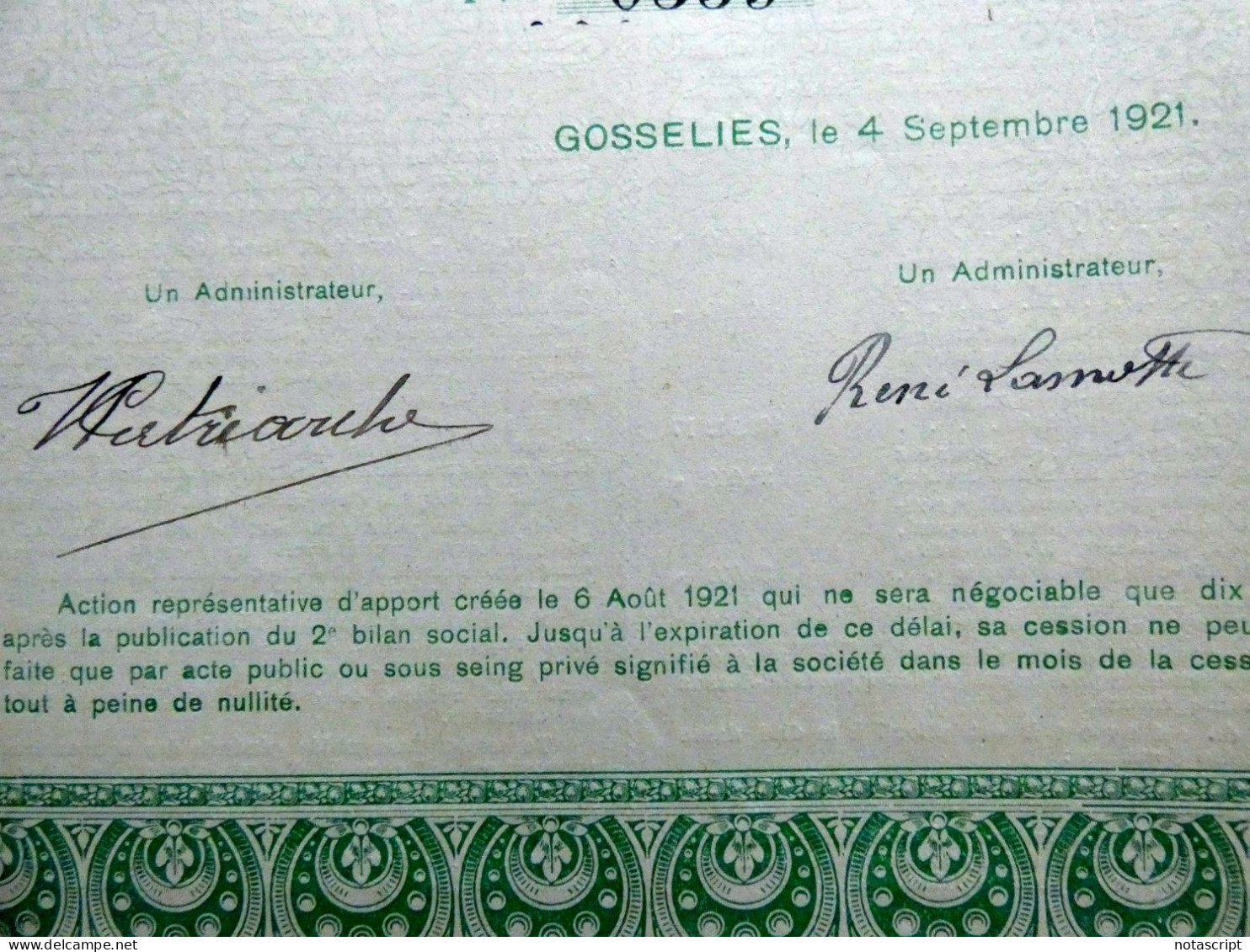 Carrières & Briqueteries De Courcelles-Braibant,Share Certificate ,Gosselies Belgium 1921 - Mines