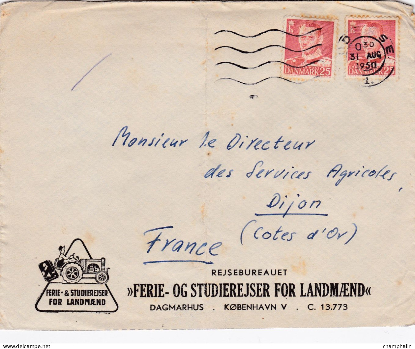 Danemark - ESC De Odense Pour Dijon (21) - 31 Août 1950 - Timbre YT 320 - 1 CAD - Vacances Pour Agriculteurs - Briefe U. Dokumente