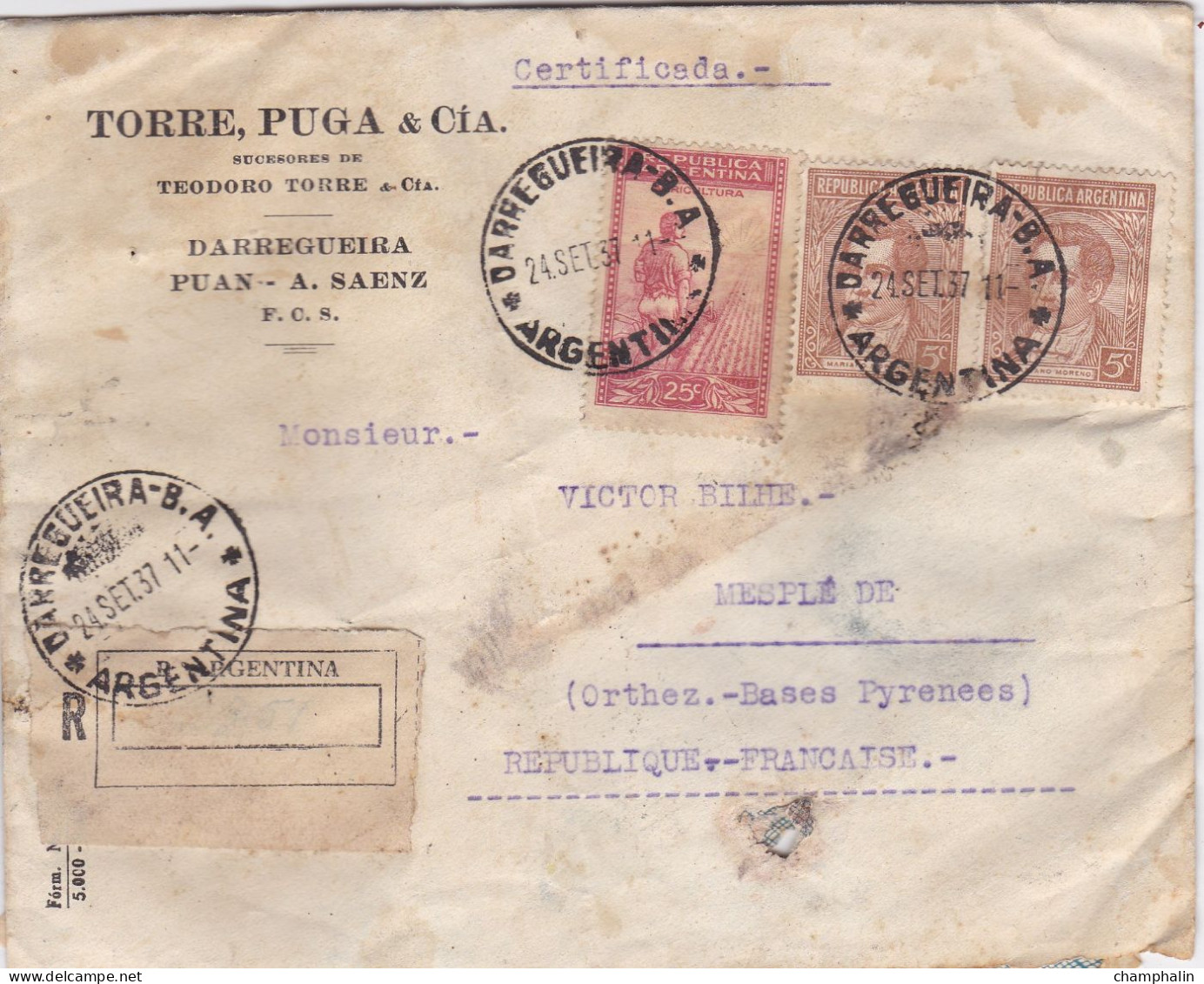 Argentine - ESC De Darragueira Pour Mesplède (63) - 24 Septembre 1937 - Timbre 5c YT368 + 25c YT376 - 8 CAD + Recommandé - Lettres & Documents