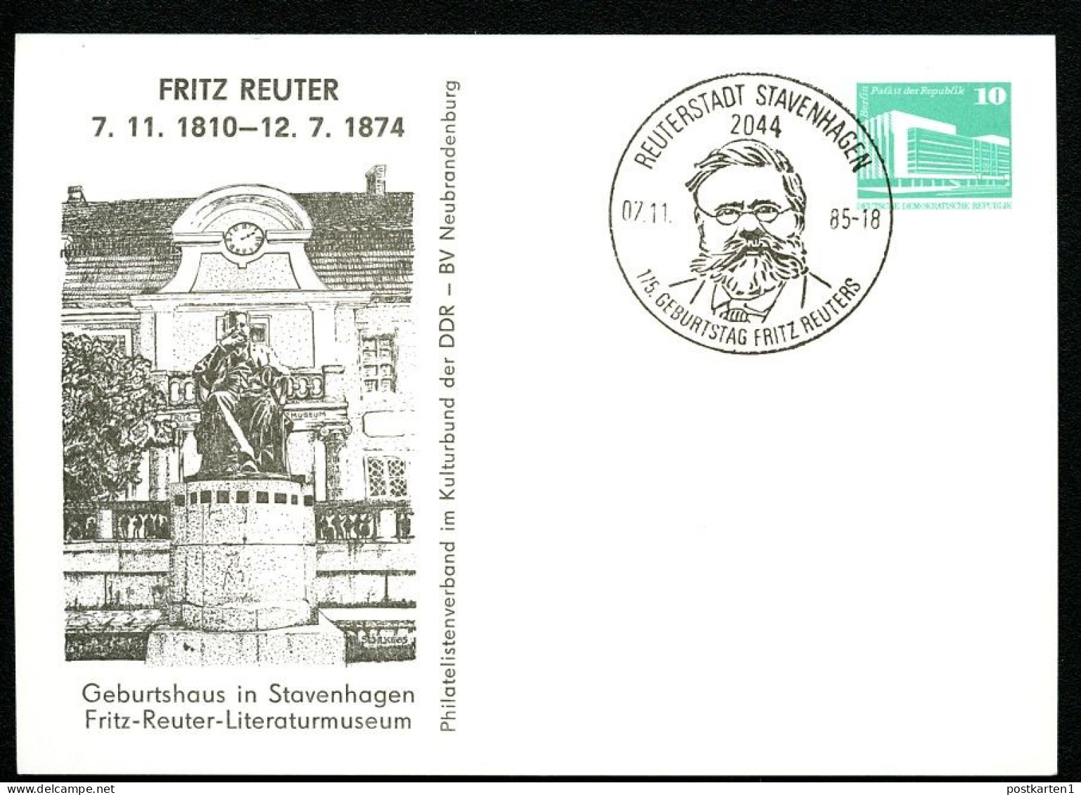 DDR PP18 B2/025 Privat-Postkarte Reuter Stavenhagen Sost.1985  NGK 5,00 € - Private Postcards - Used