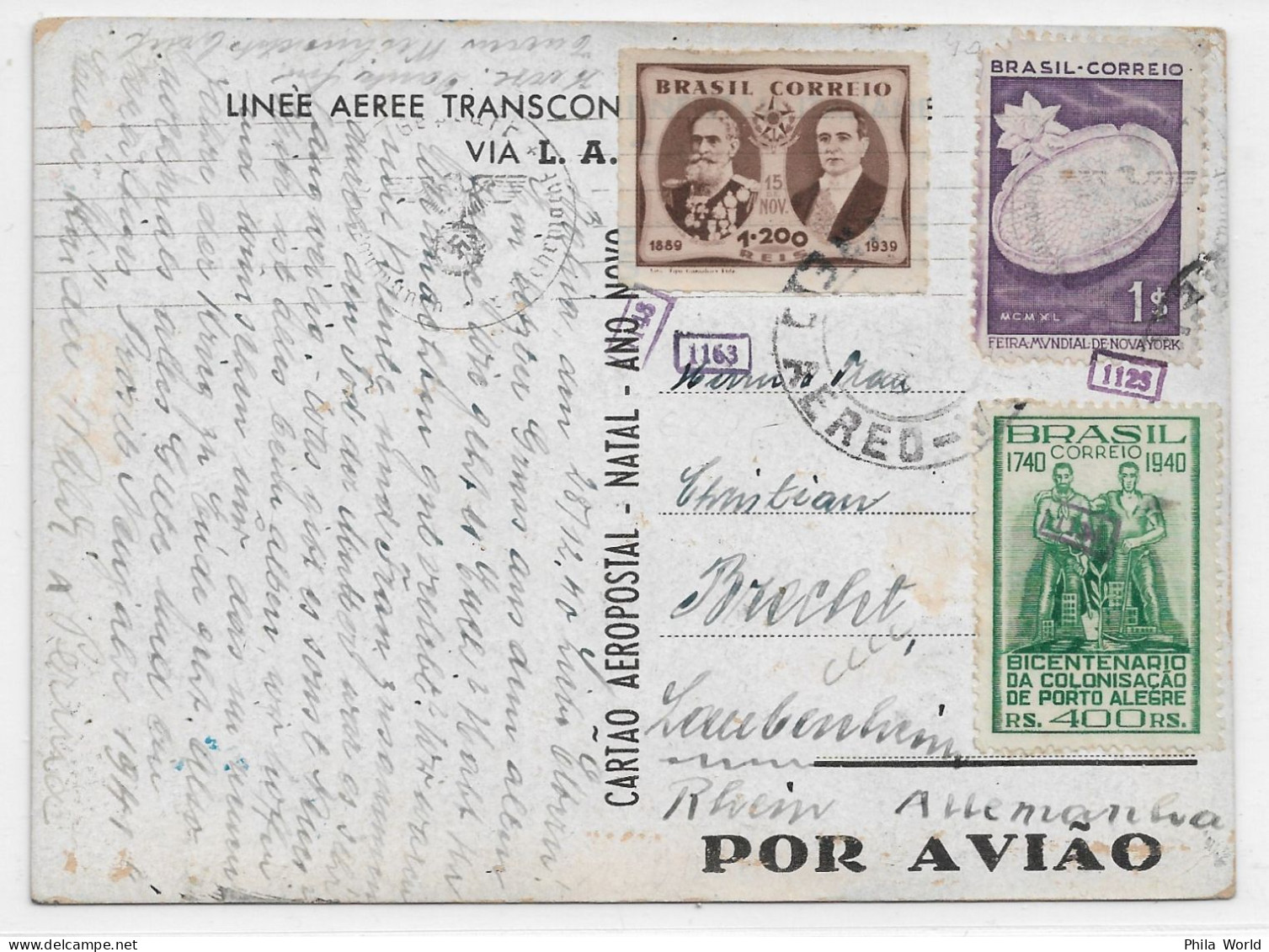 LATI 1940 Cartao Aeropostal Brazil Brasil Bresil Air Mail Postcard PC Boas Festas BOCCASILE Gull Por Aviao Linee Aeree - Sonstige & Ohne Zuordnung