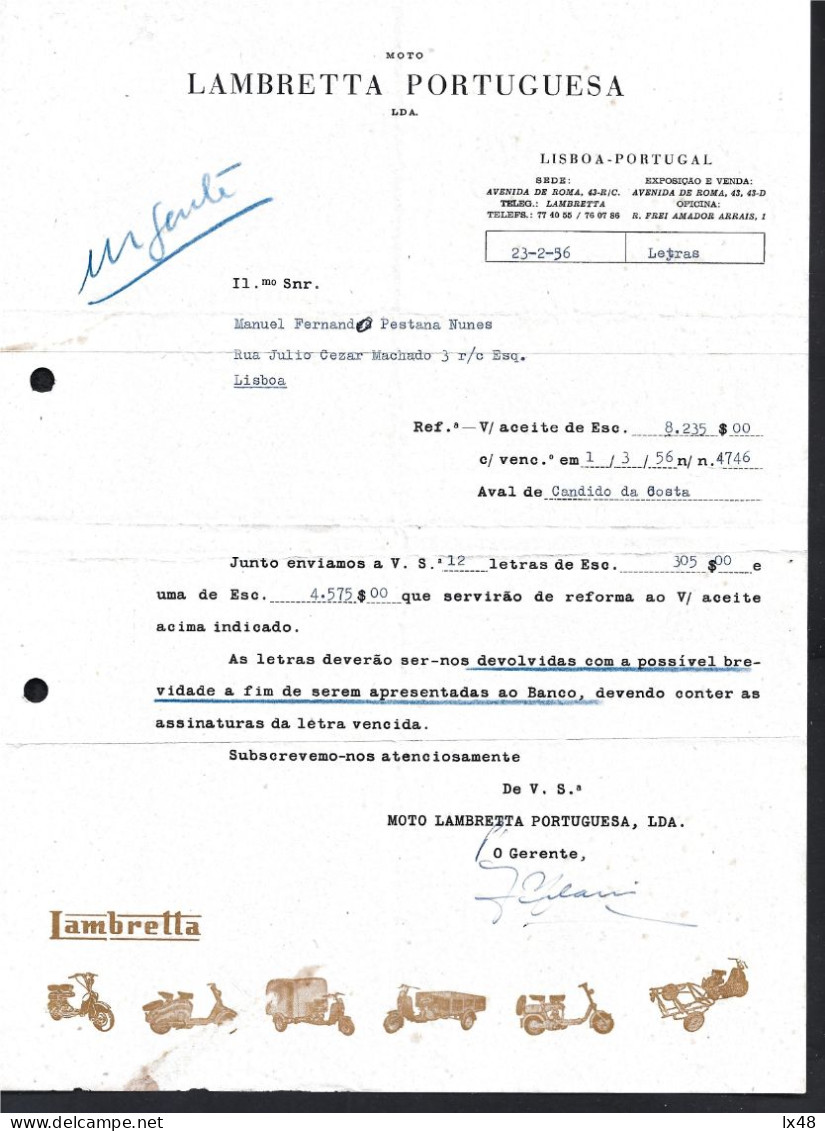 Lettera Della Lambretta Moto Portoghese Del 1956. Modelli Lambretta. Carta Portuguesa Lambretta Moto. Modelos De Lambret - Moto & Vélo