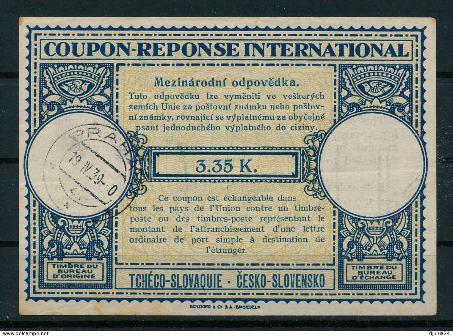 BF0064 / Tchéco-Slovaquie  -   19.IV.1939  ,  3.33 K.   ,  Type Lo12  -  Reply Coupon Reponse - Unclassified