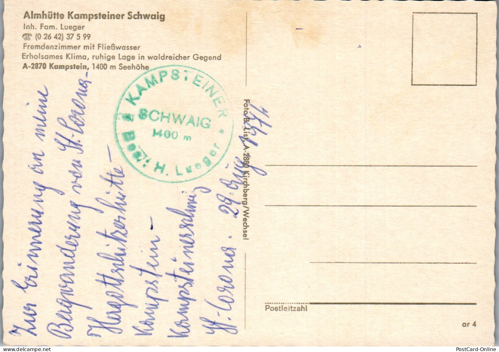 48128 - Niederösterreich - Kampstein , Almhütte Gasthof Kampsteiner Schwaig , Inh. Fam. Lueger - Gelaufen 1974 - Neunkirchen