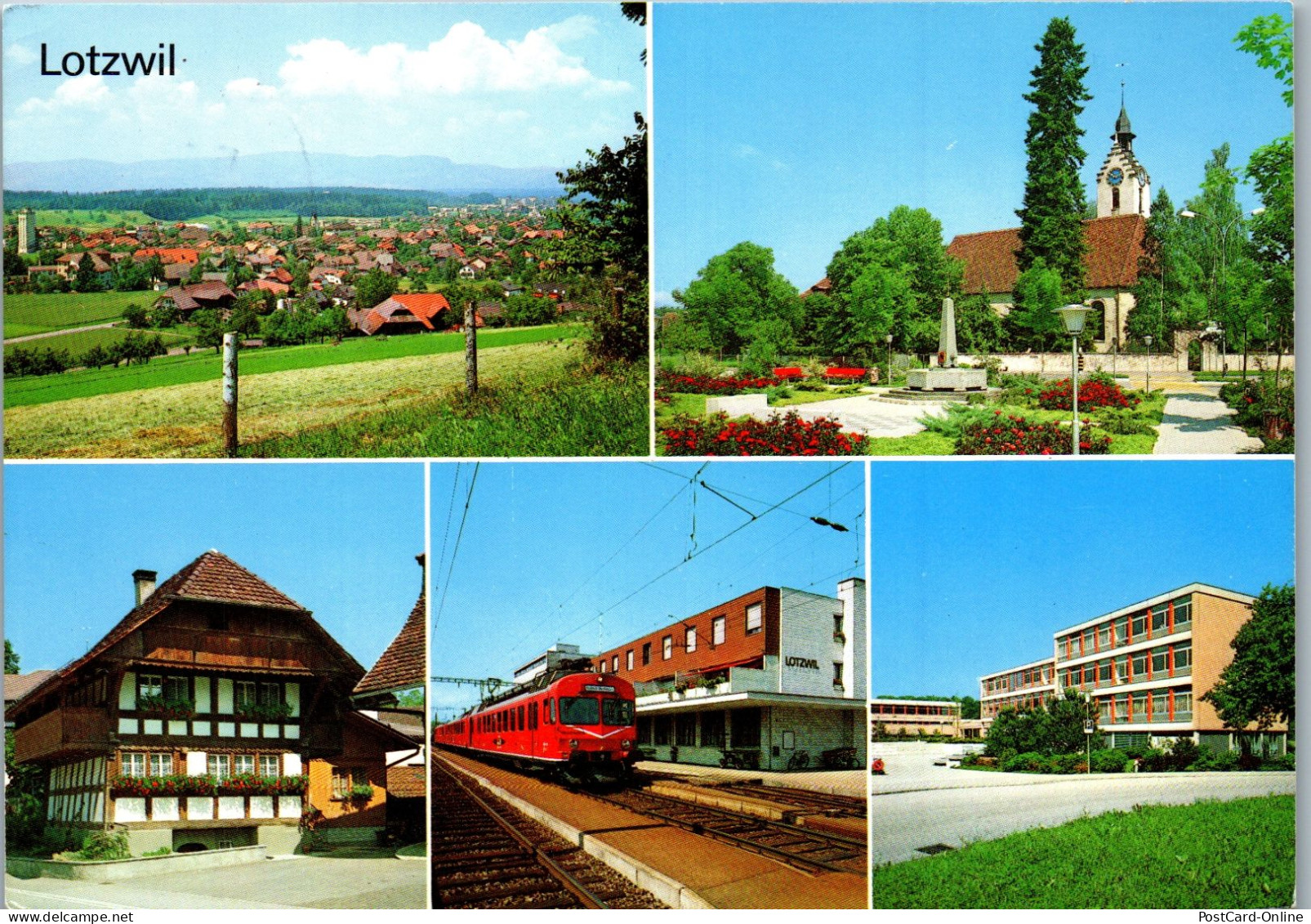 47964 - Schweiz - Lotzwil , Dorfplatz , Kirche , Stöckli , Bahnhof  , Schulhaus , Schule - Gelaufen 1982 - Langenthal