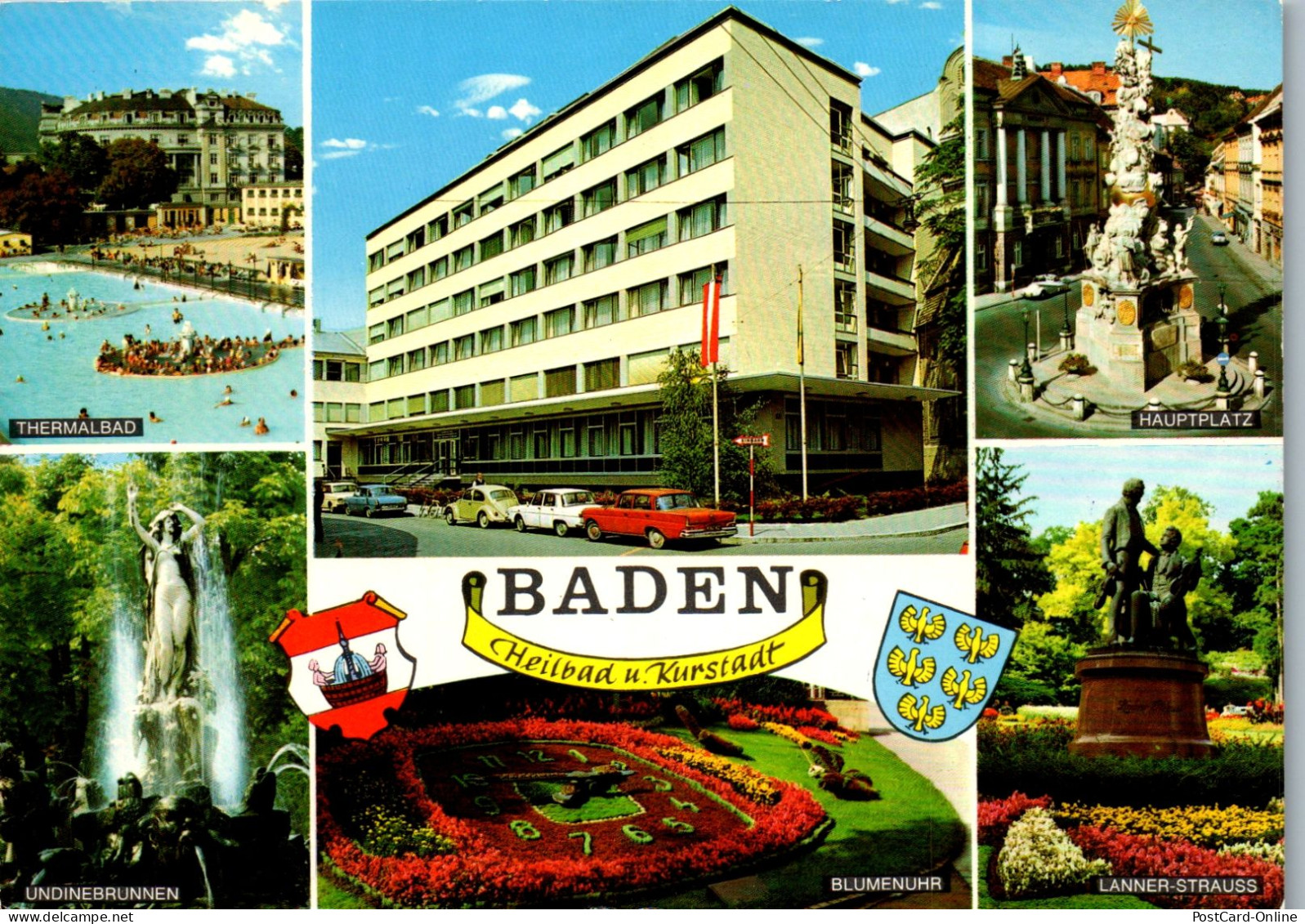 47931 - Niederösterreich - Baden Bei Wien , Thermalbad , Blumenuhr , Hauptplatz , Undinebrunnen - Gelaufen 1975 - Baden Bei Wien